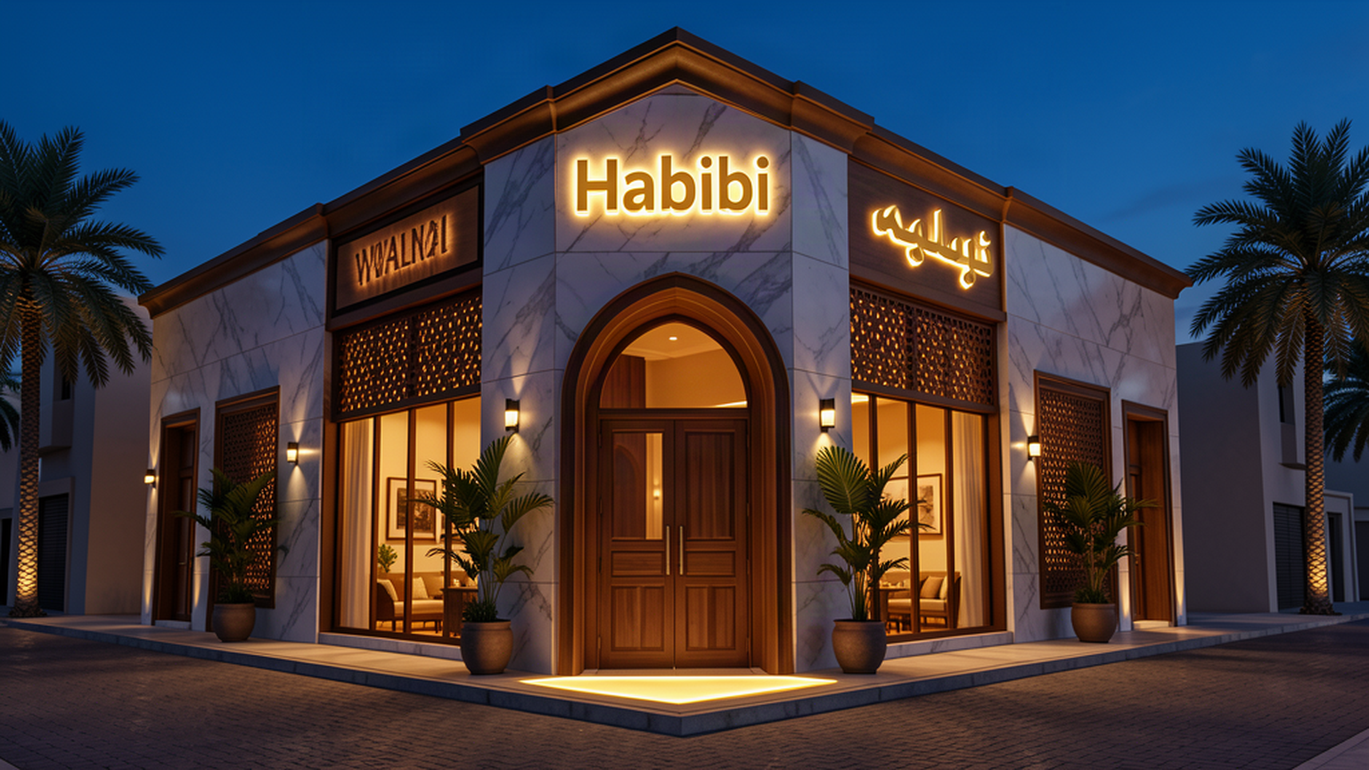 Proposed Habibi Restaurant exterior at evening